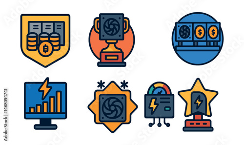 Flat vector icons of crypto mining equipment: mining rig badge, ASIC miner trophy, GPU farm setup medal, mining pool dashboard ribbon, hash rate monitor icon, cooling system for mining badge,