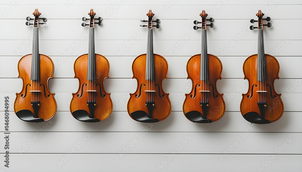 Fototapeta premium violins and their bows are positioned on a white wooden background, accompanied by copy space