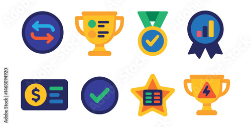 Flat vector icons of decentralized exchanges (DEX): token swap interface badge, trading pair list trophy, slippage tolerance settings medal, liquidity provider dashboard ribbon, DEX fee overview icon