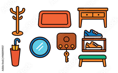 Flat vector icons of entryway essentials: coat rack, welcome mat, console table, shoe organizer, umbrella stand, mirror for last check, key holder, entryway bench.