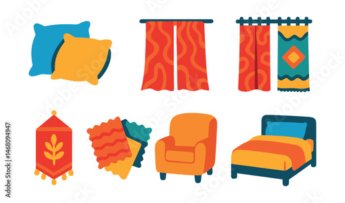 Flat vector icons of decorative textiles: fluffy pillows, layered throw blankets, patterned curtains, textured rugs, seasonal table runner, fabric swatch samples, soft upholstery, bedding layers.