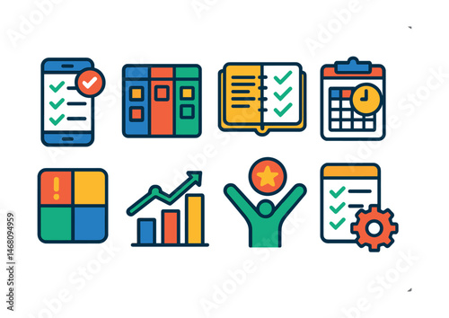 Flat vector icons of task management strategies: using to-do list apps badge, setting up kanban boards badge, managing daily planners badge, organizing weekly task reviews badge, prioritizing