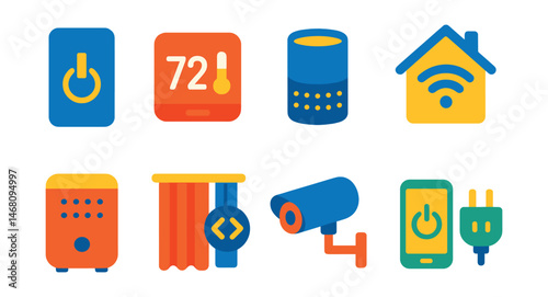 Flat vector icons of smart home features: smart light switch, digital thermostat, smart speaker, home automation hub, connected air purifier, smart curtain control, wireless security camera,