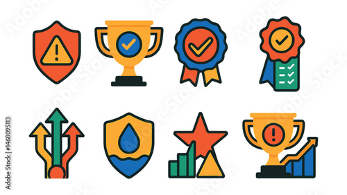 Flat vector icons of staking risk management: staking slashing risk alert badge, validator reliability score trophy, staking platform audit seal medal, staking security checklist ribbon,