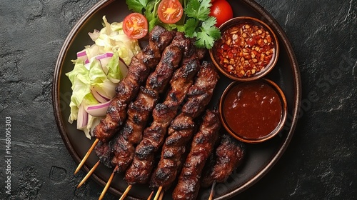 Grilled skewers of spiced beef, served with fresh vegetables and dipping sauces