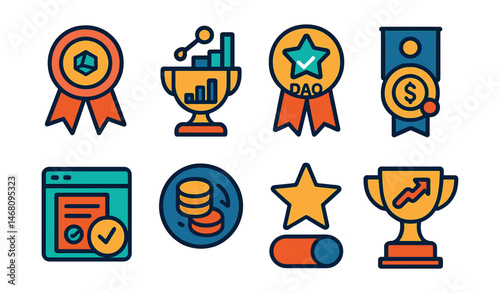 Flat vector icons of DAO-integrated DeFi: governance token staking badge, protocol-controlled value dashboard trophy, DAO treasury voting medal, fee sharing among token holders ribbon, policy