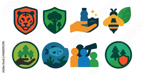 Flat vector icons of biodiversity and wildlife protection: endangered species badge, rainforest protection symbol, ocean cleanup icon, bee preservation icon, reforestation project badge, marine life