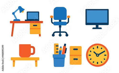 Flat vector icons of office work basics: office desk setup, laptop on desk, swivel chair, desktop monitor, coffee mug on table, office supplies holder, filing cabinet icon, workplace clock.