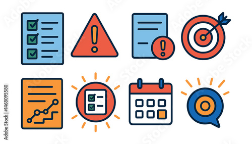 Flat vector icons of task management and priorities: task completion checklist, high priority alert icon, overdue task warning, goal target board, action plan sheet, daily task list badge, task