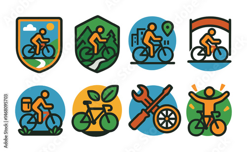 Flat vector icons of cycling adventures: road cycling tours badge, mountain biking trails badge, urban bike commuting planner, cycling marathons participation badge, bikepacking journeys badge,