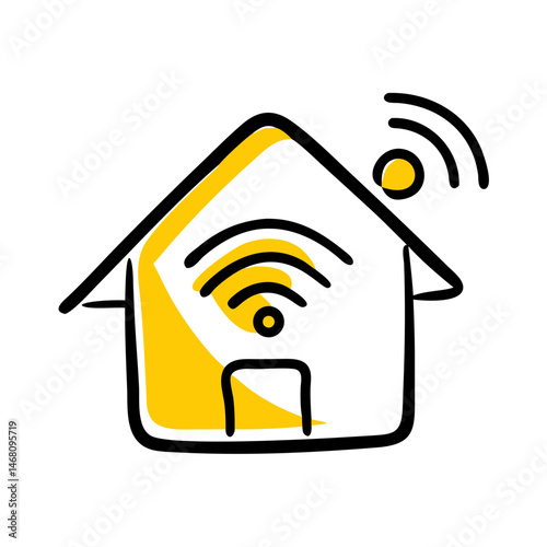 Vector illustration of a connected smart home with wireless signals, ideal for real estate tech, home automation, and smart property marketing.
