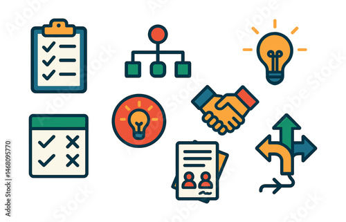 Flat vector icons of problem-solving and decision-making: problem-solving checklist, decision tree diagram, conflict resolution handshake, solution light bulb, pros and cons list, brainstorm