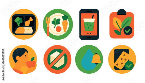 Flat vector icons of healthy eating habits: meal prep container badge, balanced plate nutrition guide, smoothie recipe app, plant-based diet tracker, mindful eating badge, sugar reduction plan,