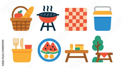 Flat vector icons of picnic and outdoor dining: picnic basket with food, outdoor grill barbecue, checkered picnic blanket, juice cooler box, reusable picnic set, summer fruit plate, outdoor food