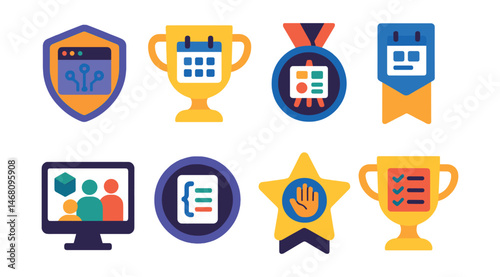 Flat vector icons of Web3 events and coordination: hackathon portal badge, community call calendar trophy, proposal planning board medal, town hall schedule ribbon, Web3 livestream panel icon,