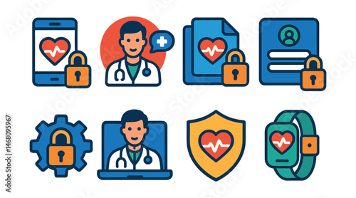 Flat vector icons of digital health protection: secure telemedicine app icon, online health consultation badge, encrypted health data file, patient portal login icon, privacy settings lock, virtual