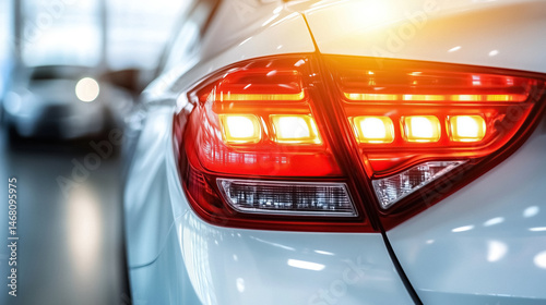 Close up of modern car illuminated rear tail light design and technology in detail