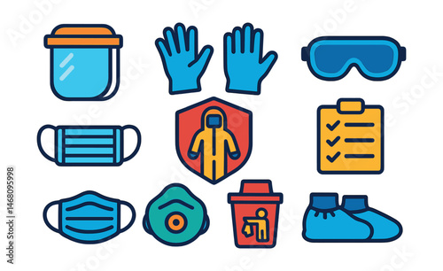 Flat vector icons of protective equipment (PPE): face shield icon, disposable gloves, protective goggles, hazmat suit badge, medical mask types, PPE checklist sheet, PPE disposal bin, protective shoe