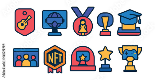 Flat vector icons of virtual events: live concert badge, metaverse conference stage trophy, virtual fashion show medal, online graduation arena ribbon, group watch party screen icon, NFT art gallery