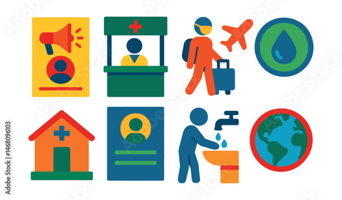 Flat vector icons of public health awareness: public health campaign poster, health screening booth icon, safe travel guidelines, clean water supply badge, community health clinic symbol, health