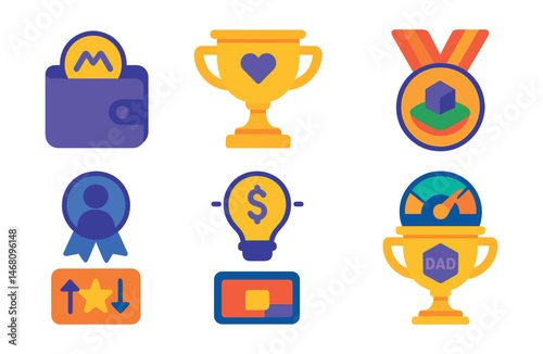 Flat vector icons of metaverse economies: native token wallet badge, tipping system for creators trophy, rent virtual land medal, service-based job board ribbon, creator monetization icon,