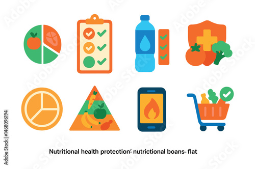 Flat vector icons of nutritional health protection: balanced diet plate, daily vitamin checklist, hydration goal tracker, immune-boosting foods icon, portion control plate, healthy eating pyramid,