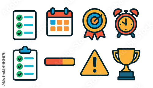 Flat vector icons of productivity and task management apps: daily task list, calendar event planner, goal tracker badge, focus timer clock, project checklist icon, progress tracking bar, deadline