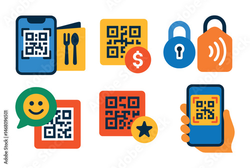 Flat vector icons of QR-based interactions: scan for menu icon, QR with tip option, contactless payment tag, promo code unlock, feedback after scan, loyalty stamp via QR, join club via QR, share QR