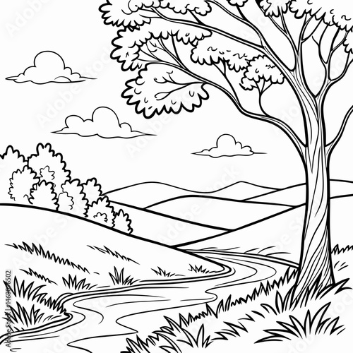 landscape with trees and mountains jungle Nature Scenes & Serenity for Mindful Coloring page vector illustration