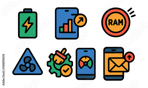 Flat vector icons of battery and device optimization apps: battery saver mode, app power usage chart, storage cleaner icon, RAM booster badge, device cooling alert, auto-optimization tool, phone