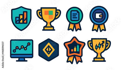 Flat vector icons of Web3 analytics: on-chain activity dashboard badge, gas usage heatmap trophy, contract interaction log medal, wallet behavior insights ribbon, Web3 traffic metrics icon, NFT