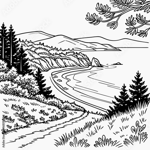 landscape with trees and mountains jungle Nature Scenes & Serenity for Mindful Coloring page vector illustration