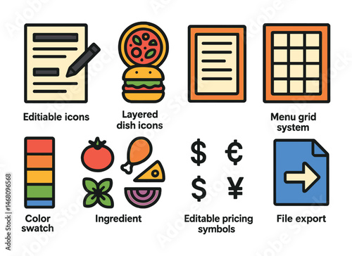 Flat vector icons of printable and editable menu assets: editable menu layout, layered dish icons, printable menu template, menu grid system, color swatch for food items, ingredient icon set,