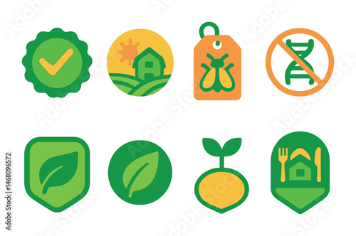 Flat vector icons of organic certification symbols: 100% organic badge, certified farm logo, pesticide-free tag, no GMO seal, eco-friendly label, green leaf stamp, natural origin icon, “farm to table