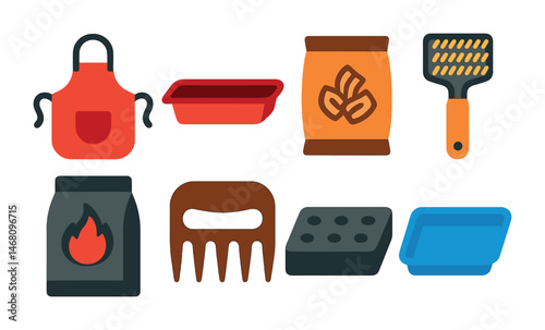 Flat vector icons of barbecue accessories: BBQ apron, sauce tray, wood chips bag, grill brush, charcoal bag, meat claw, smoker box, drip tray.