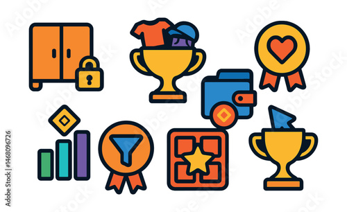 Flat vector icons of avatar inventory: item locker panel badge, owned wearables viewer trophy, NFT accessories wallet medal, favorite item quick-access ribbon, sorting by rarity icon, filter by