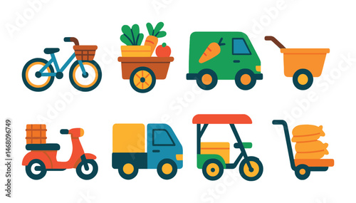 Flat vector icons of eco-friendly transport to market: bike with basket, cart of produce, compact farm van, wooden push cart, scooter with crates, small delivery EV, market rickshaw, trolley with