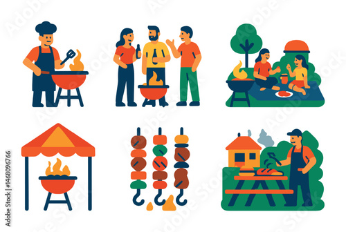 Flat vector icons of barbecue event scenes: grillmaster at work, friends gathered around grill, family picnic with grill, food being served on tray, BBQ under tent, skewers on fire, picnic table with
