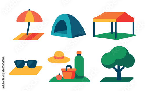 Flat vector icons of shaded picnic gear: sun umbrella near blanket, pop-up shade tent, picnic canopy setup, foldable sunshade, sunglasses on mat, sunhat and bottle, picnic in shadowed area, tree