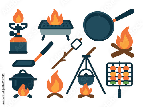 Flat vector icons of outdoor cooking at picnic: portable gas stove, disposable grill tray, frying pan on campfire, sandwich press, marshmallow roasting stick, boiled pot over flame, skillet on tripod