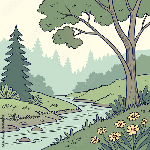 landscape with trees and mountains jungle Nature Scenes & Serenity for Mindful Coloring page vector illustration