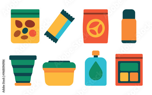 Flat vector icons of hiking snack packs: trail mix bag, protein bar wrapper, dried fruits pouch, mini thermos, foldable cup, reusable snack box, squeeze pouch drink, meal prep in ziplock.