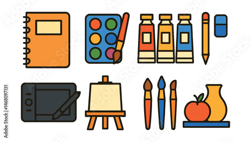 Flat vector icons of drawing and painting hobbies: sketchbook icon, watercolor palette, acrylic paint tubes, pencil and eraser kit, digital drawing tablet, easel with canvas, art brush set, still