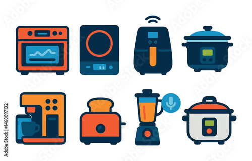 Flat vector icons of smart kitchen appliances: smart oven with display, digital induction cooktop, Wi-Fi air fryer, connected slow cooker, app-controlled coffee machine, smart toaster, voice-enabled