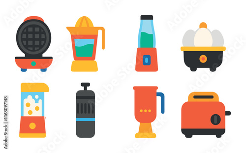 Flat vector icons of compact kitchen devices: mini waffle maker, portable juicer, personal blender, egg cooker pod, countertop popcorn maker, travel espresso press, pancake batter dispenser, snack