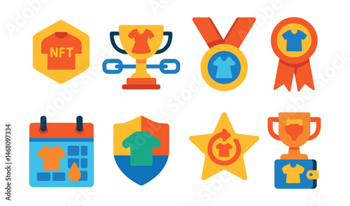 Flat vector icons of wearable NFT systems: NFT fashion token badge, blockchain-based garment trophy, minting fashion item medal, NFT ownership proof ribbon, digital drop calendar icon, rarity tier