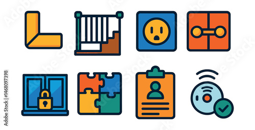Flat vector icons of child safety at home: corner protectors for tables, stair safety gate, safe electrical outlet covers, cabinet locks for toddlers, window guard lock, soft play area mat, emergency