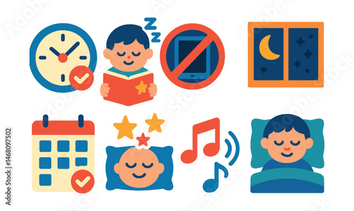 Flat vector icons of child sleep health: good sleep routine clock, cozy bedtime story icon, screen-free before bed badge, dark room sleep tip, consistent bedtime calendar, sleep quality stars tracker