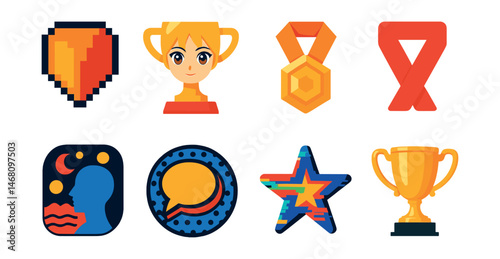 Flat vector icons of popular digital art styles: pixel art badge, anime digital render trophy, isometric illustration medal, minimalist vector design ribbon, surreal digital collage icon, pop art