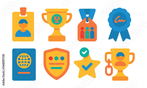 Flat vector icons of fashion identity systems: avatar-linked identity badge, pronoun patch trophy, fashion tribe tag medal, creator signature ribbon, fashion passport icon, style history tracker